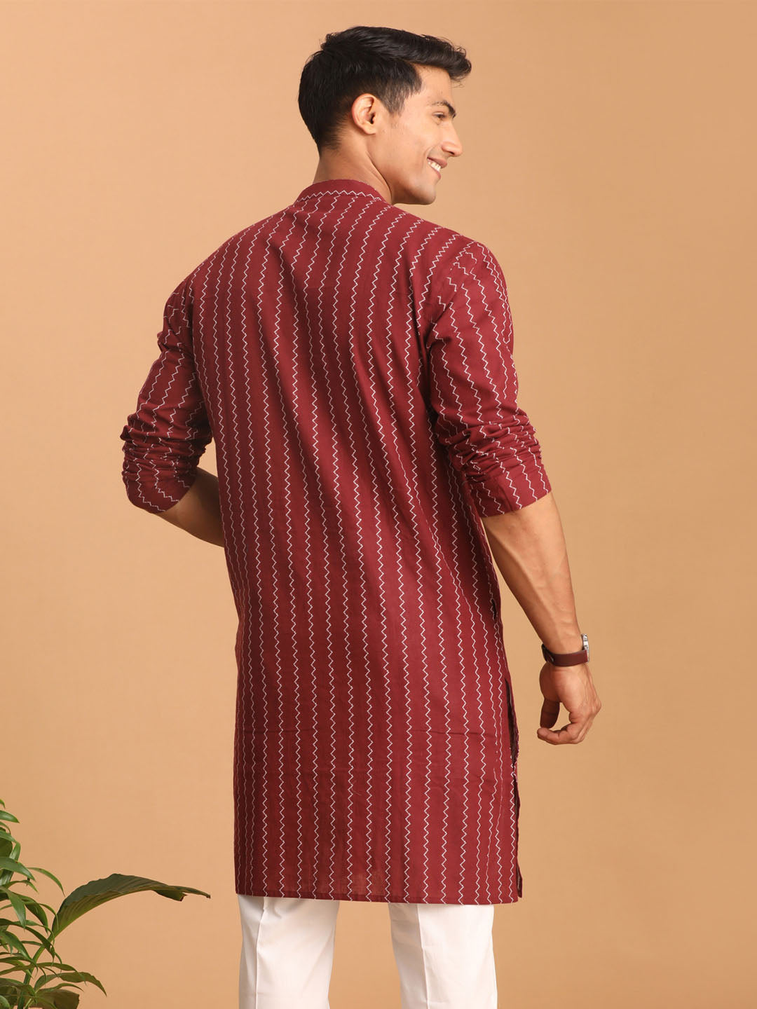 Men's Maroon Jacquard Zig Zag Cotton Kurta