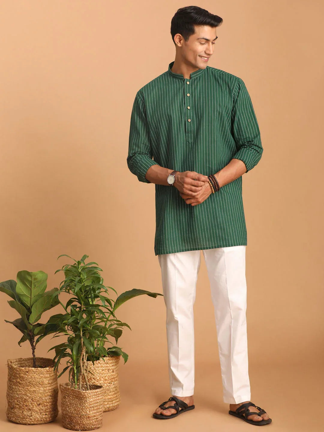 Men's Green Striped Cotton Short Kurta