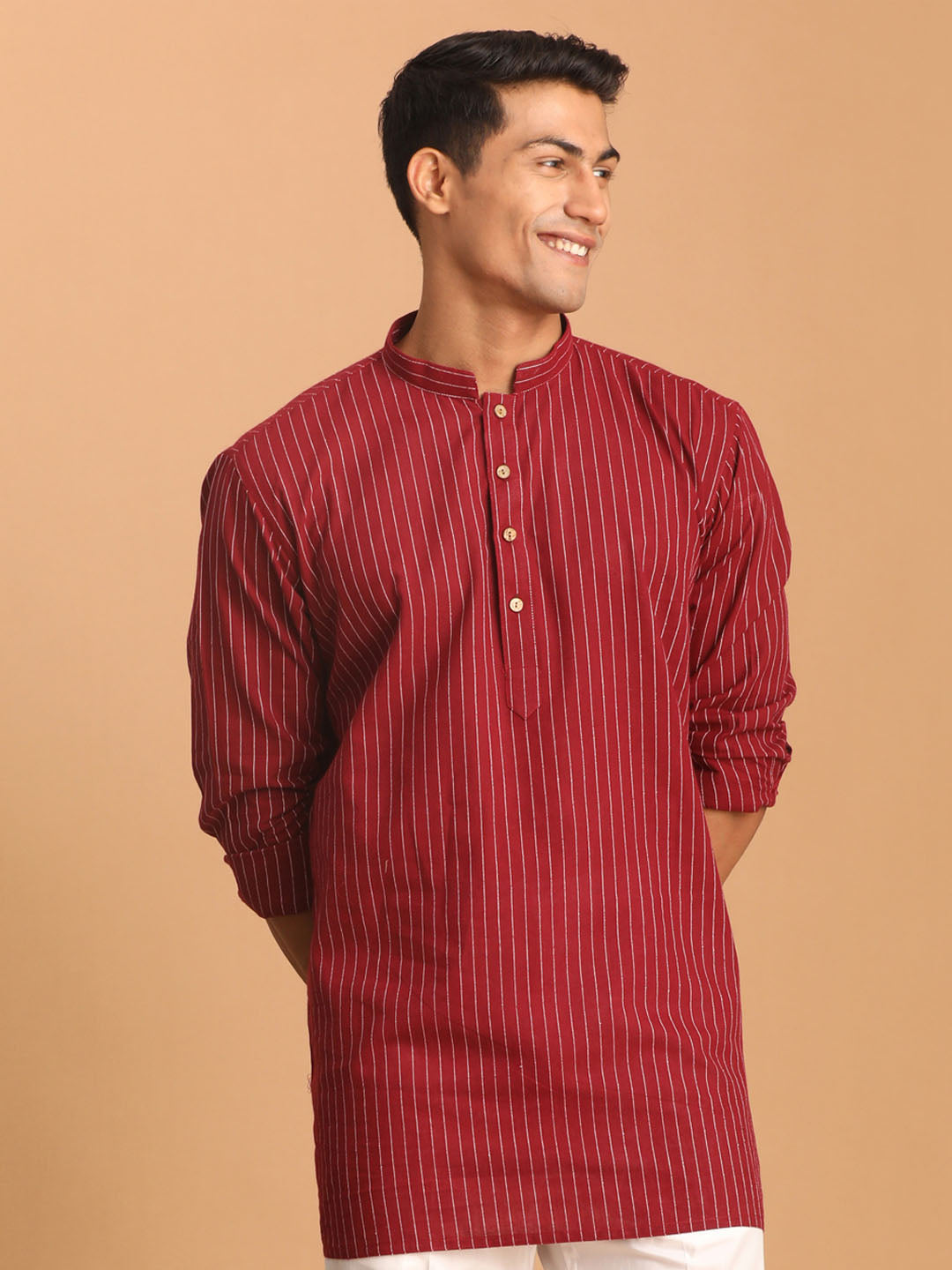 Men's Maroon Striped Cotton Short Kurta