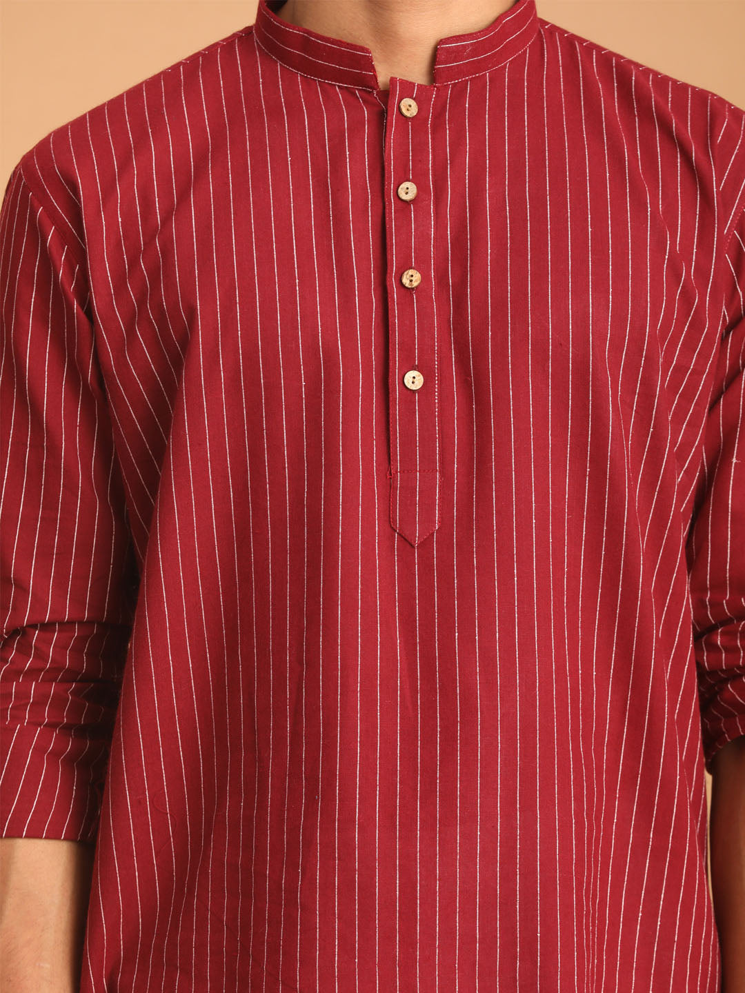 Men's Maroon Striped Cotton Short Kurta