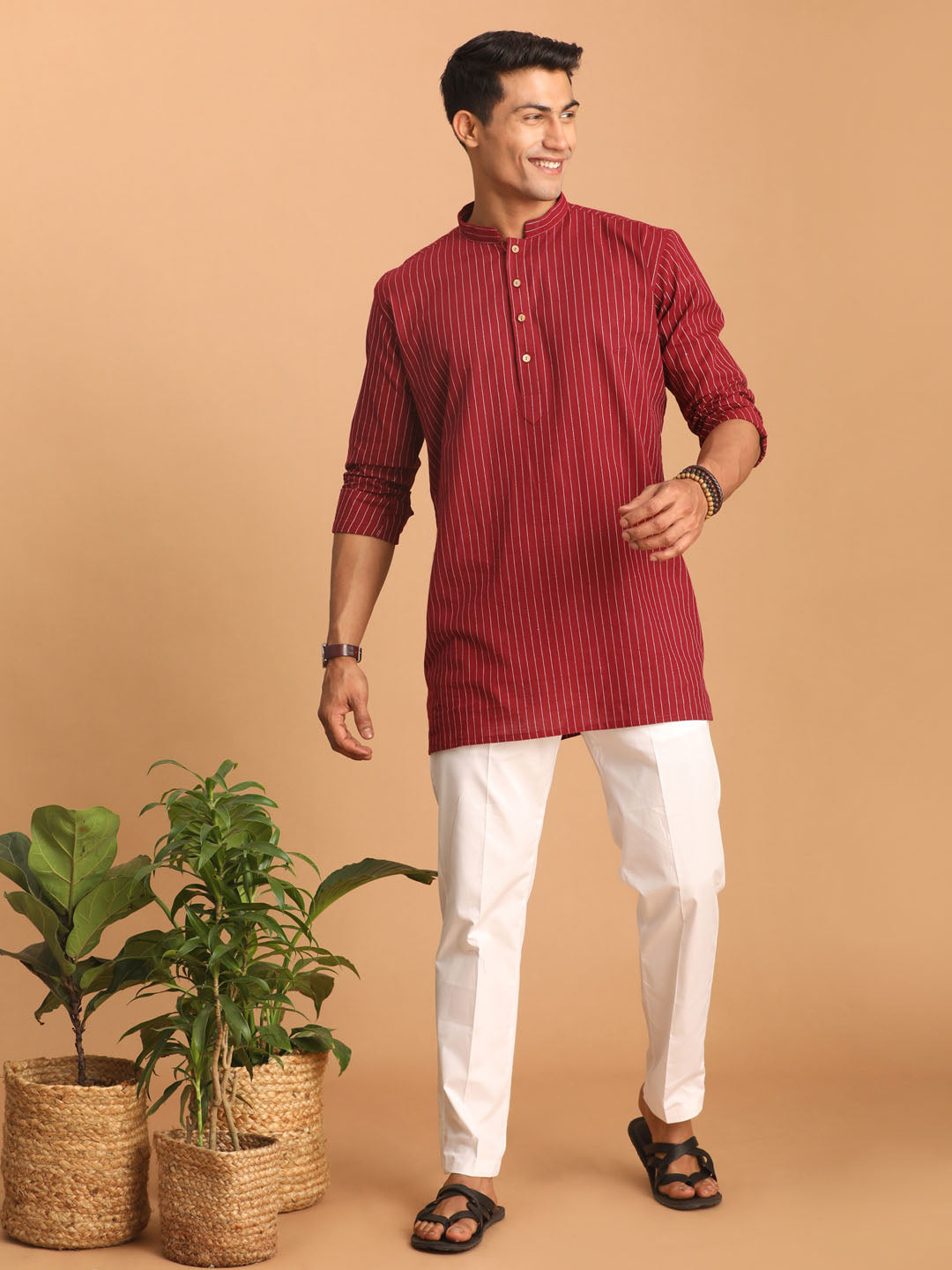 Men's Maroon Striped Cotton Short Kurta