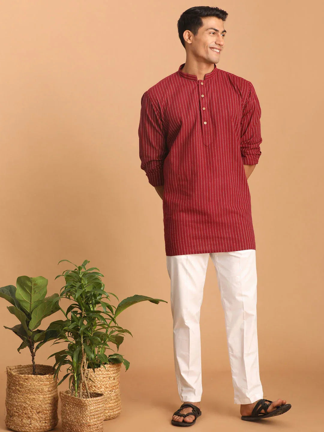 Men's Maroon Striped Cotton Short Kurta With White Pant Set