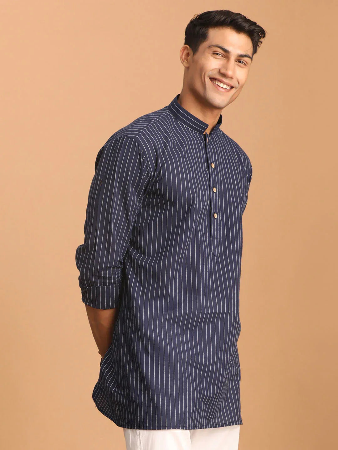 Men's Navy Blue Striped Cotton Short Kurta