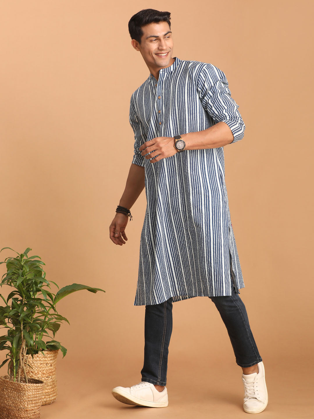 Men's White And Blue Striped Cotton Kurta