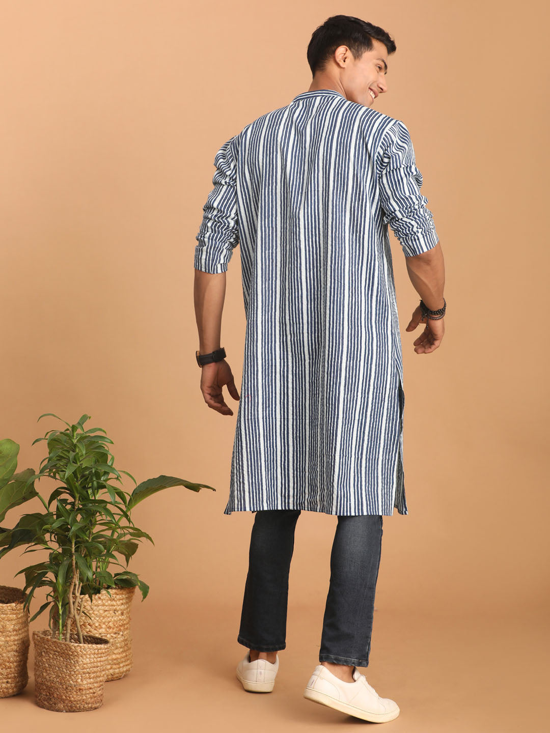Men's White And Blue Striped Cotton Kurta