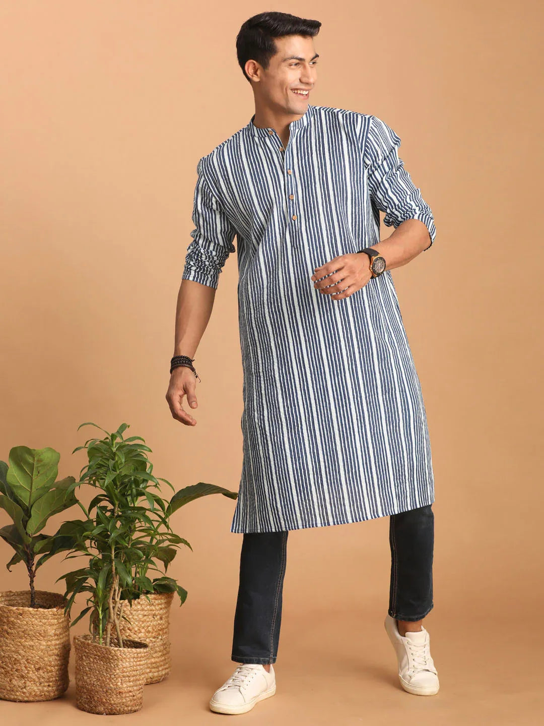 Men's White And Blue Striped Cotton Kurta