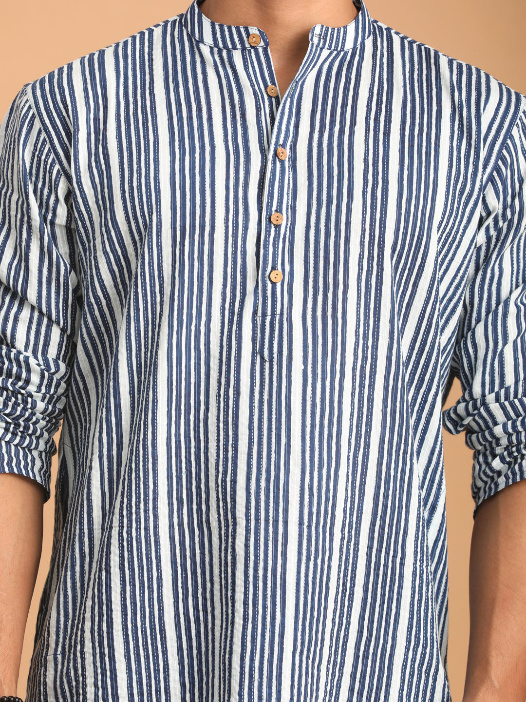 Men's White And Blue Striped Cotton Kurta