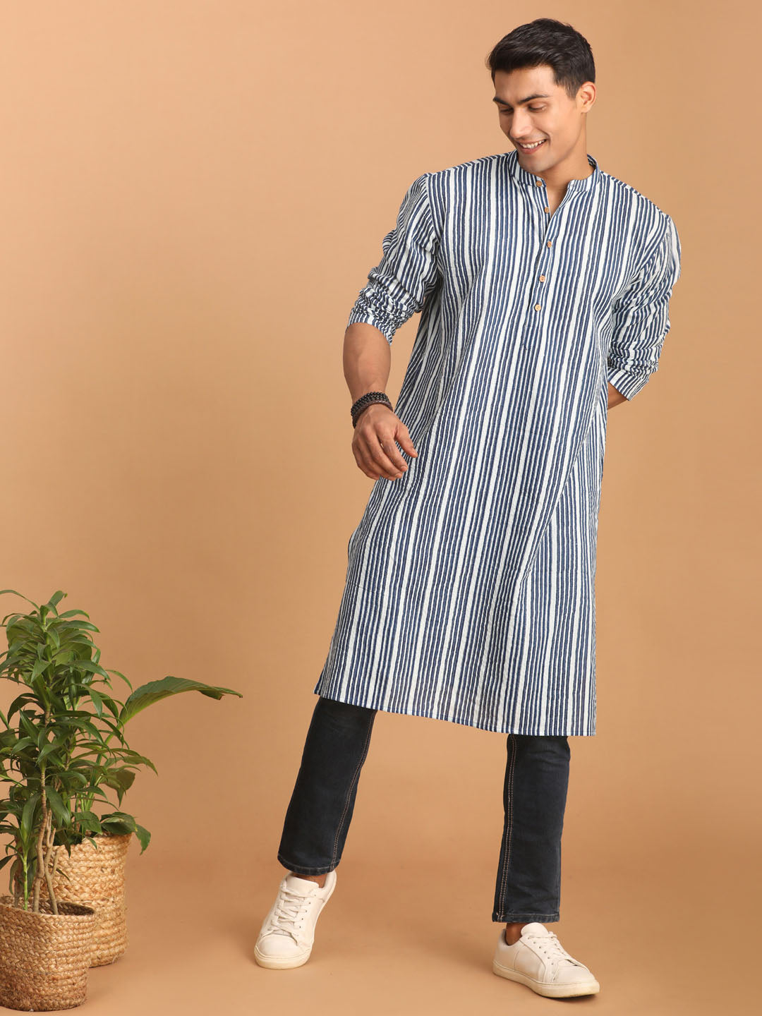 Men's White And Blue Striped Cotton Kurta