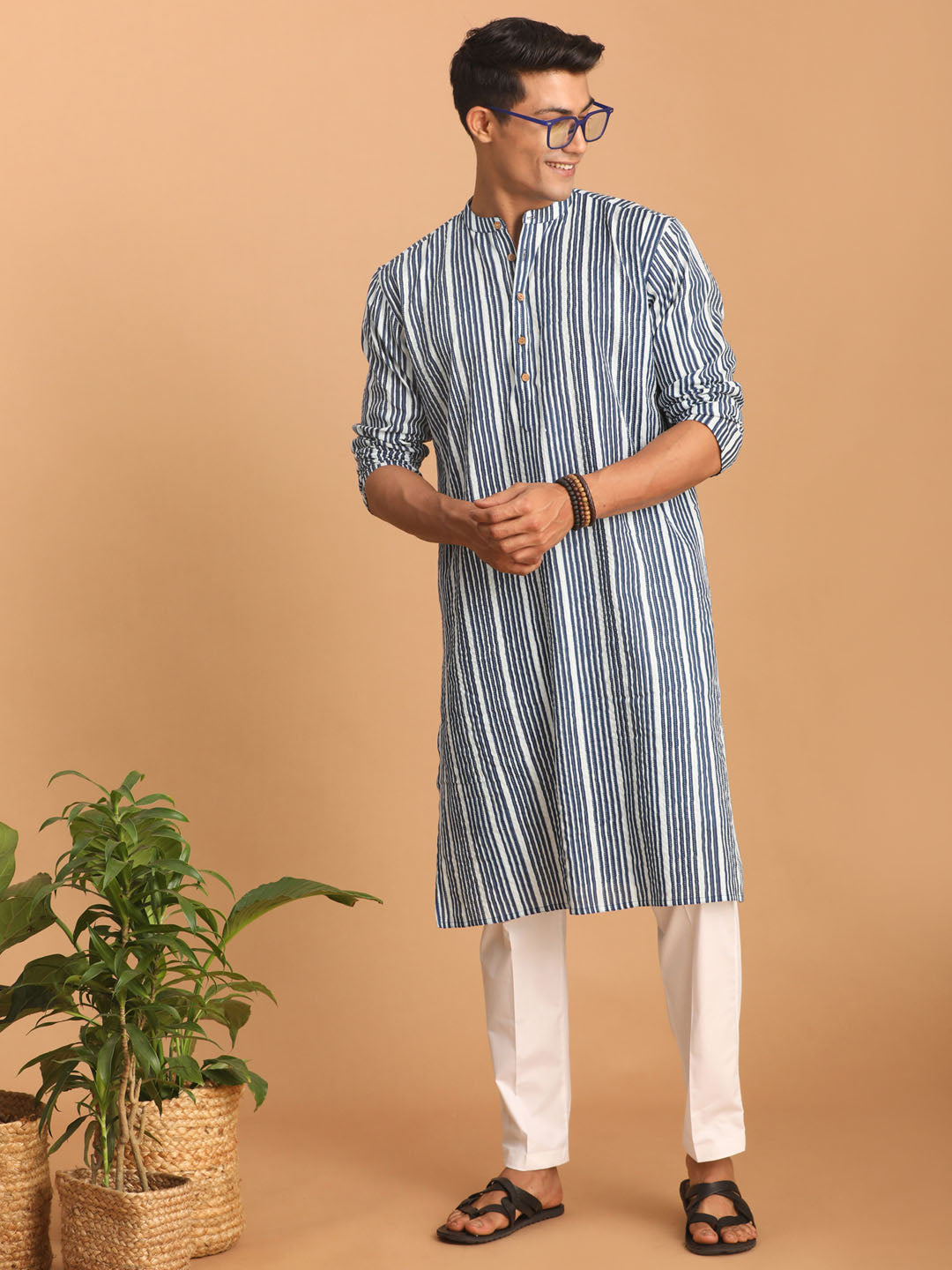 Men's Indigo Blue & White Cotton Kurta & Pyjama Set