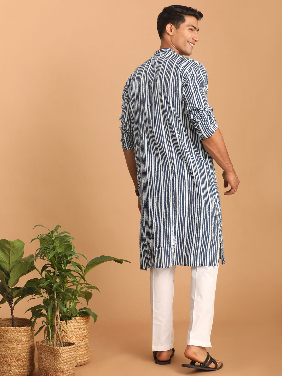 Men's Indigo Blue & White Cotton Kurta & Pyjama Set