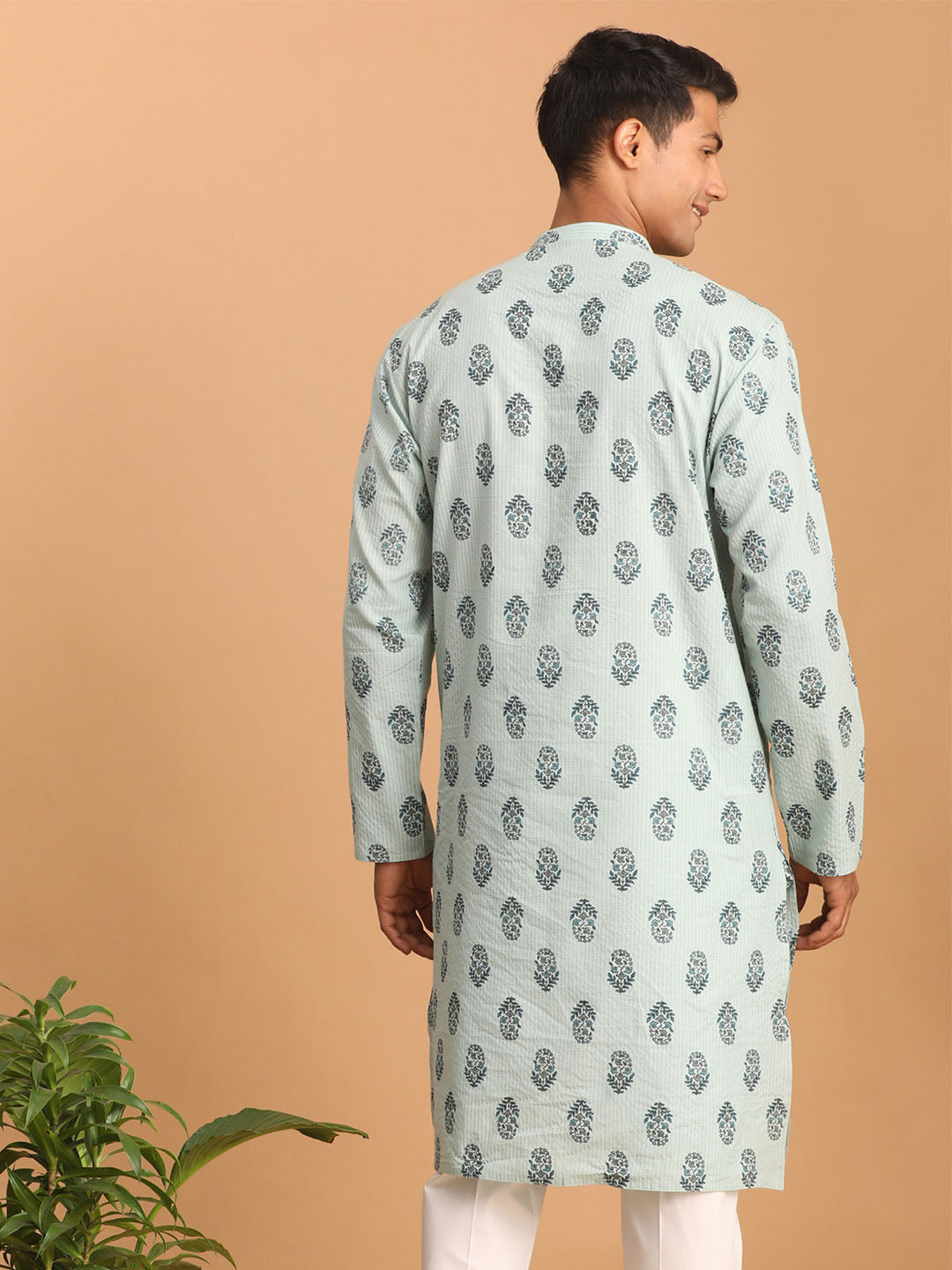 Men's Light Green Ethnic Motif Printed Kurta