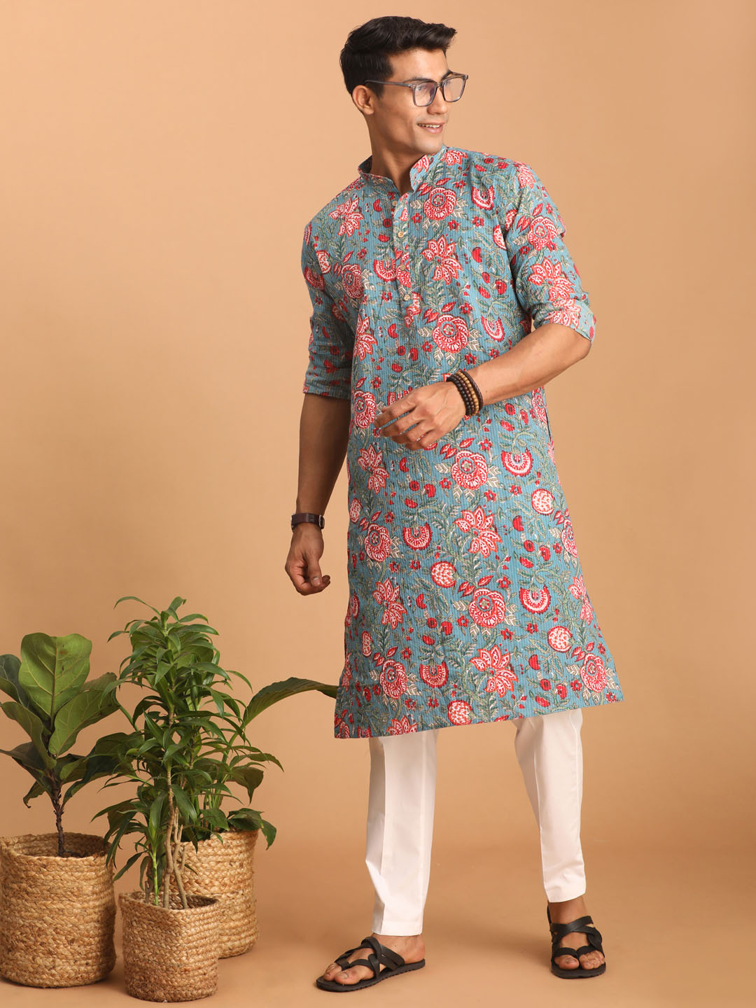 Men's Blue And Red Floral Printed Cotton Kurta With White Pant Set