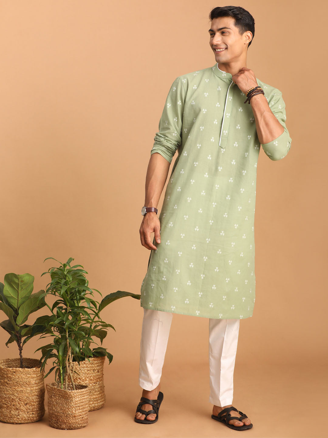 Men's Green Geometric Booti Jacquard Kurta With White Pant Set