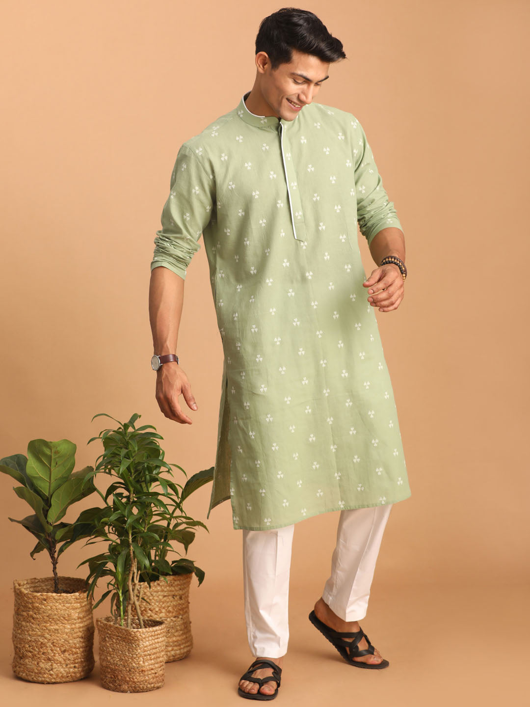 Men's Green Geometric Booti Jacquard Kurta With White Pant Set