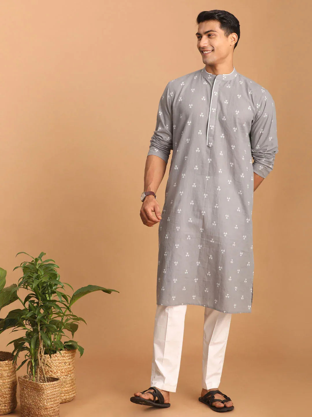 Men's Grey Geometric Booti Jacquard Kurta With White Pant Set