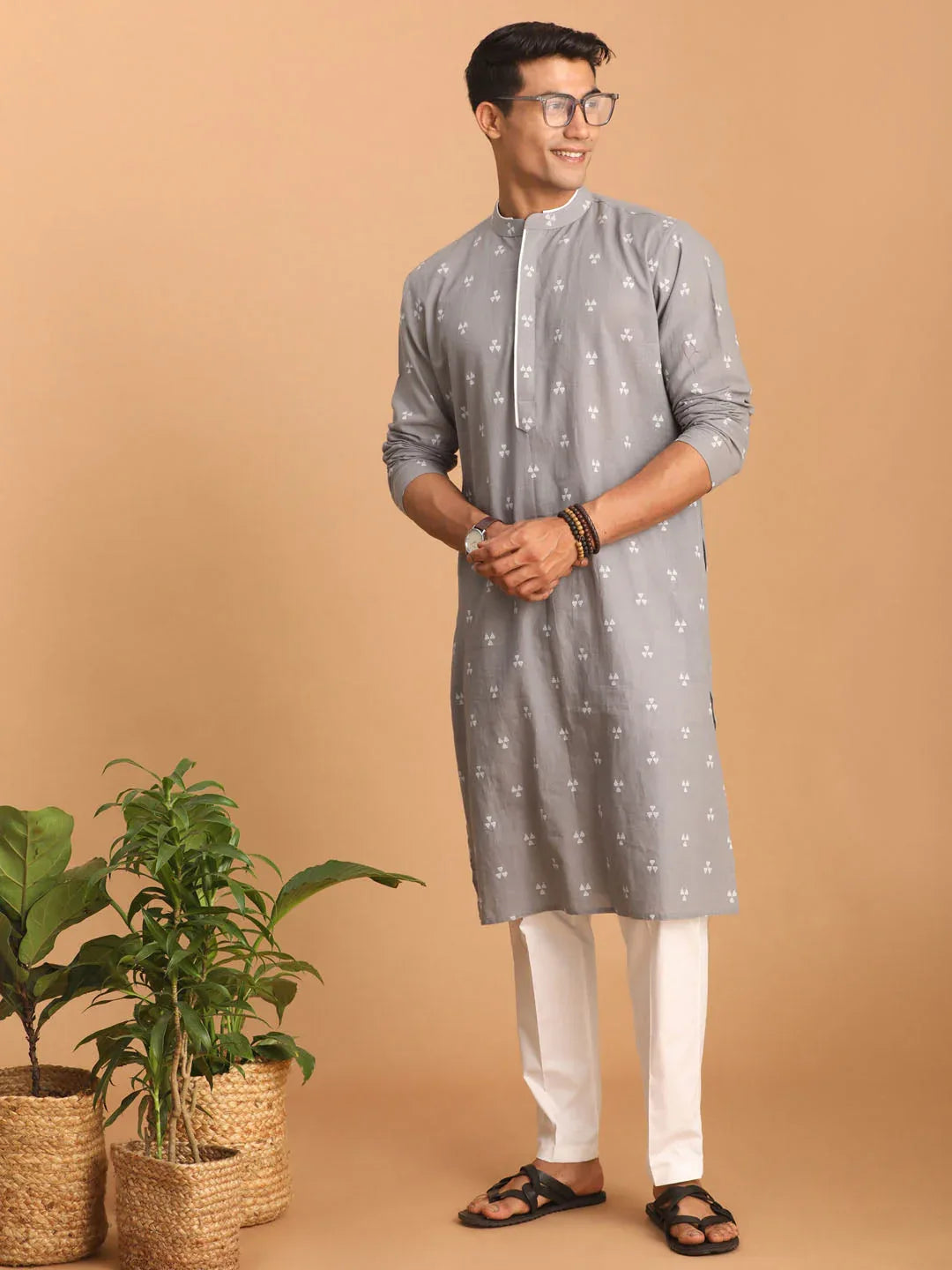 Men's Grey Geometric Booti Jacquard Kurta With White Pant Set