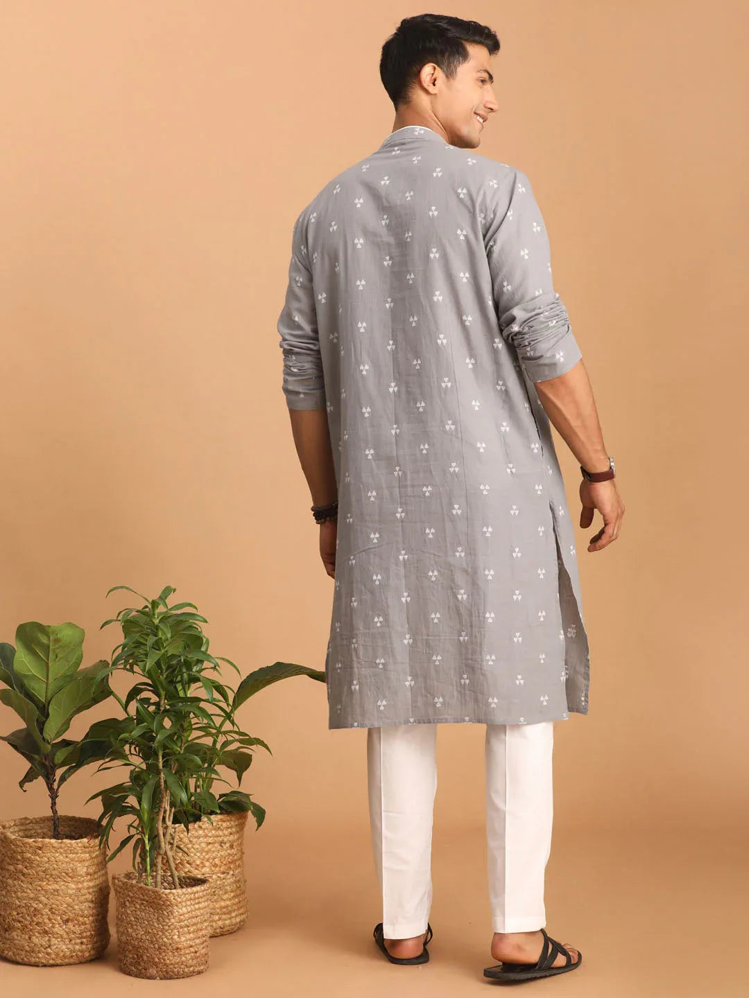 Men's Grey Geometric Booti Jacquard Kurta With White Pant Set