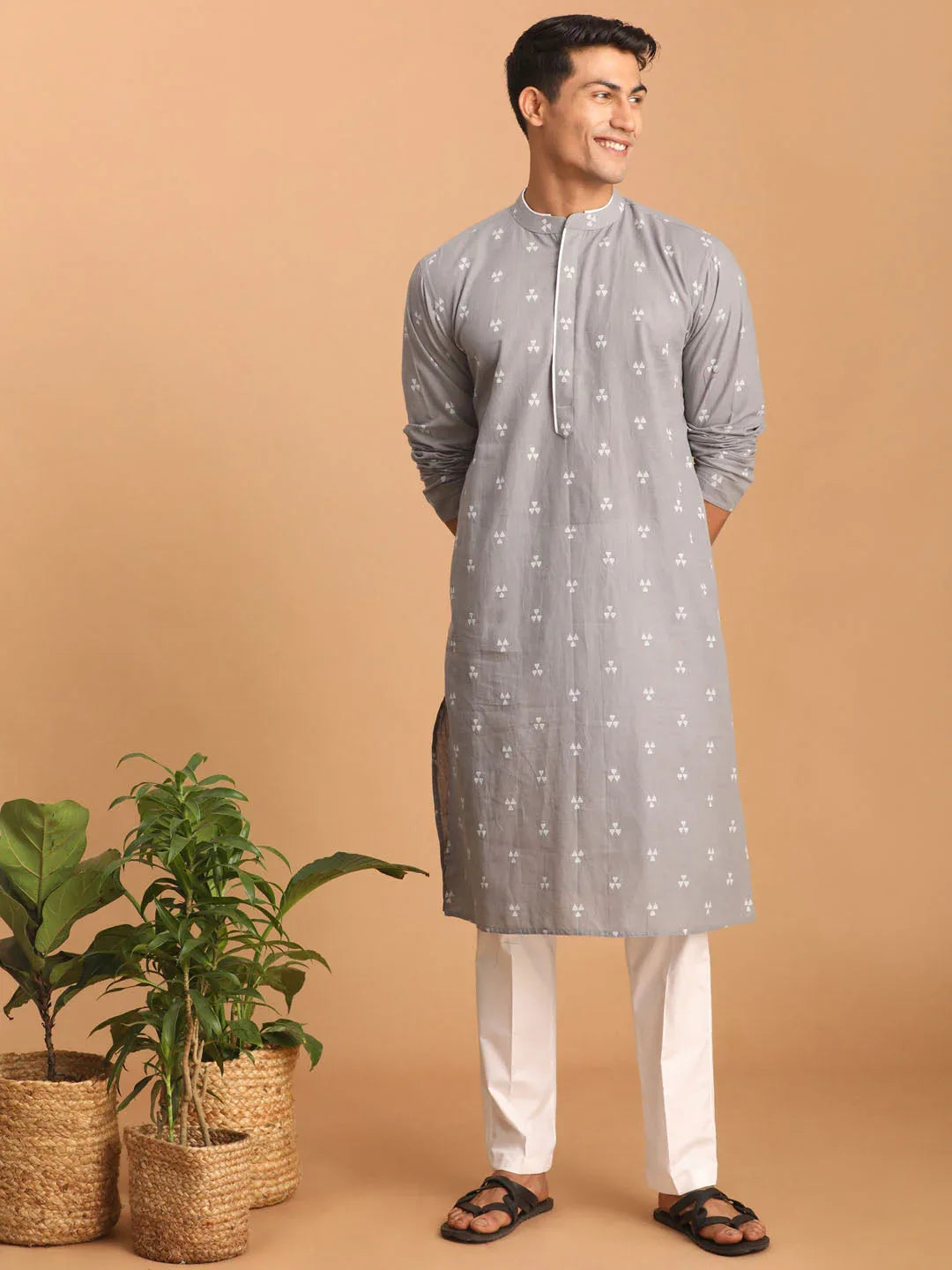 Men's Grey Geometric Booti Jacquard Kurta With White Pant Set