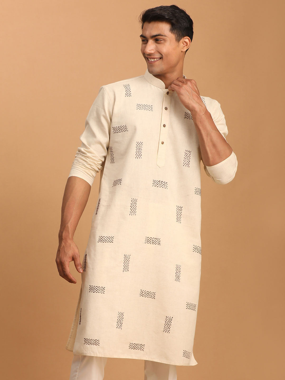 Men's Cream Katha Stich Embroidered Cotton Kurta