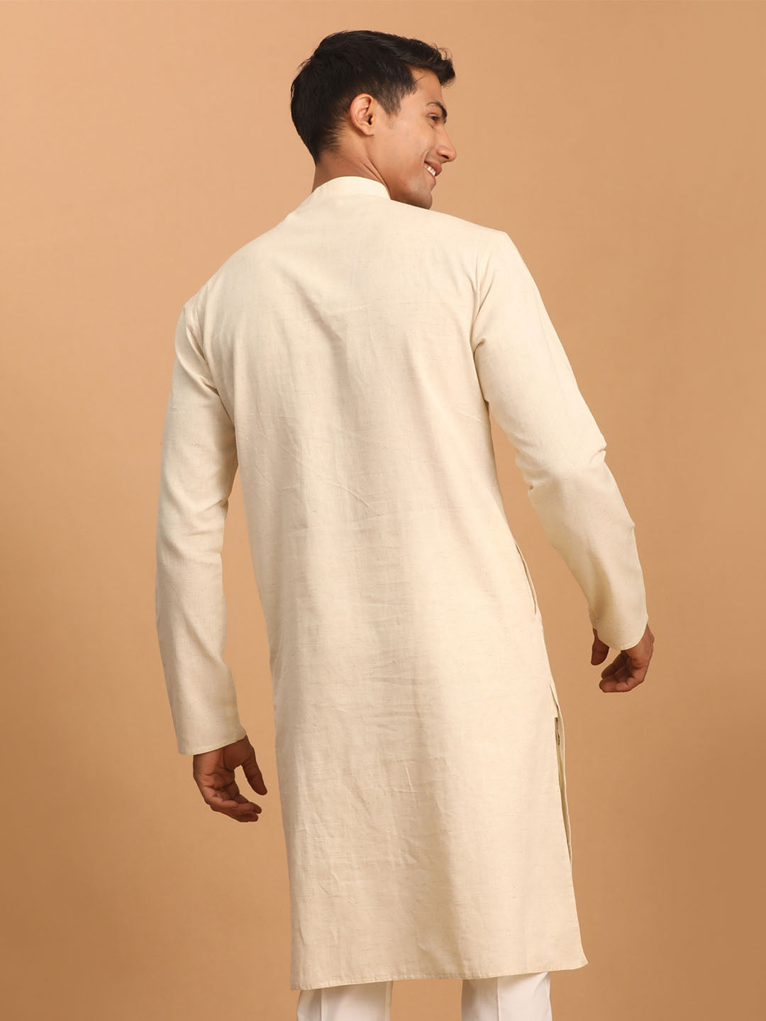 Men's Cream Katha Stich Embroidered Cotton Kurta