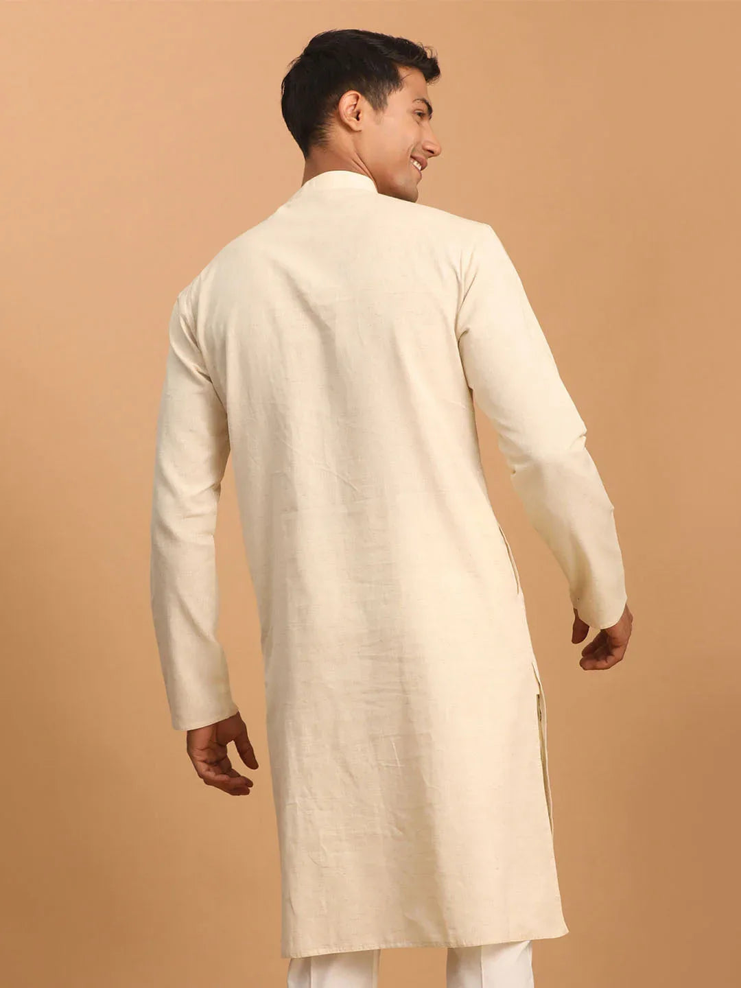 Men's Cream Katha Stich Embroidered Cotton Kurta
