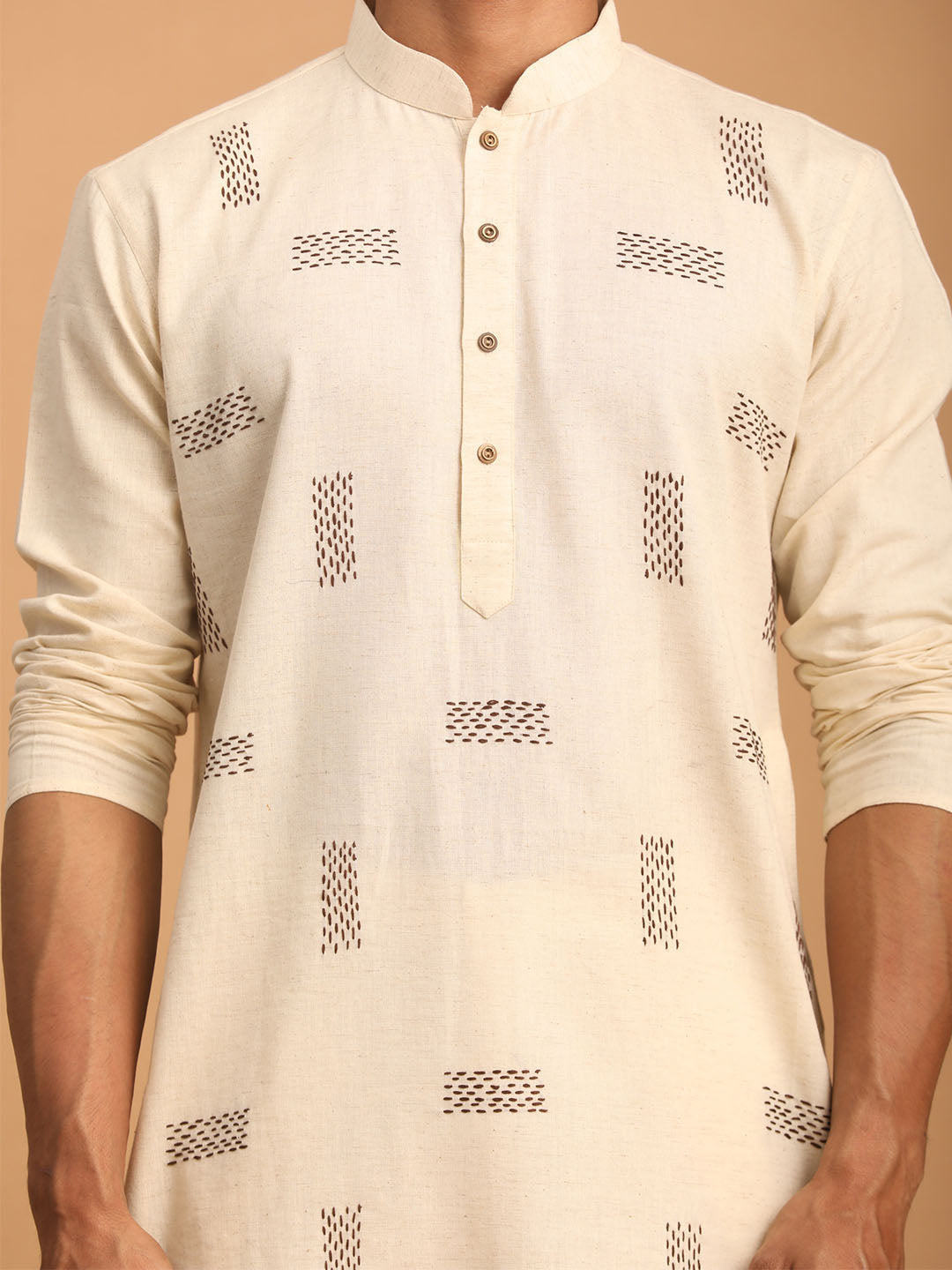 Men's Cream Katha Stich Embroidered Cotton Kurta