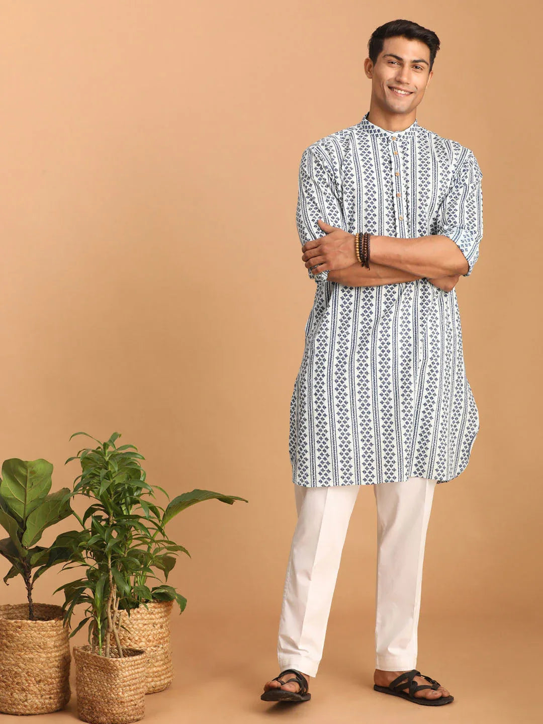 Men's White And Blue Geometrical Striped Printed Curved Kurta With White Pant Set