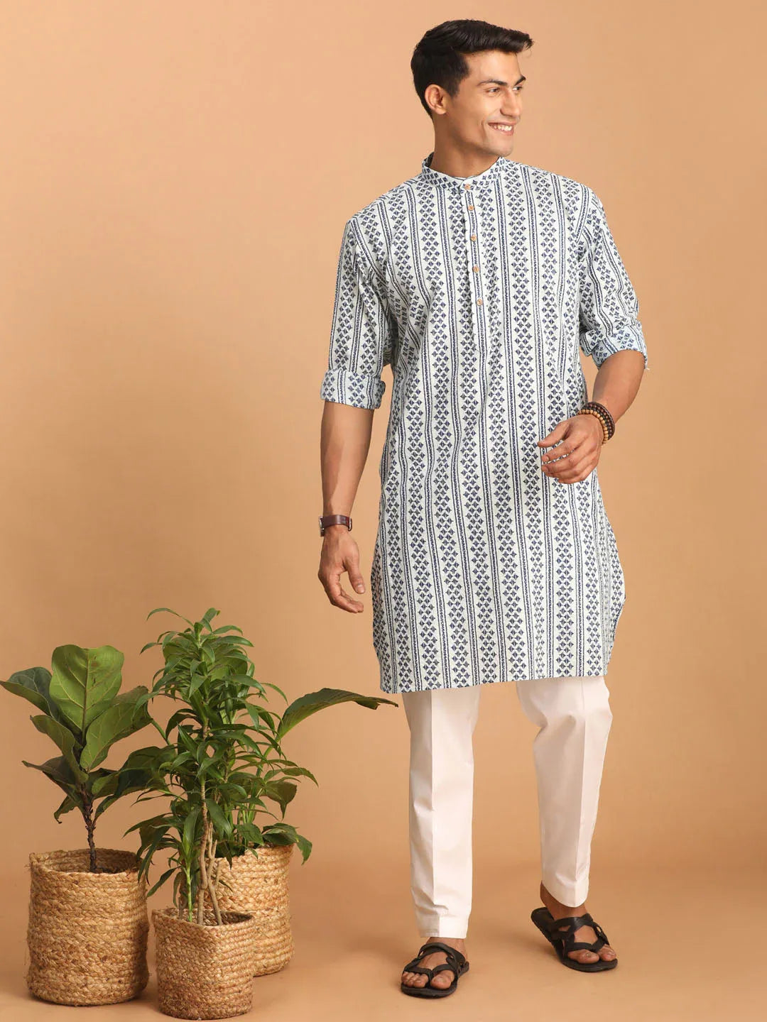 Men's White And Blue Geometrical Striped Printed Curved Kurta With White Pant Set