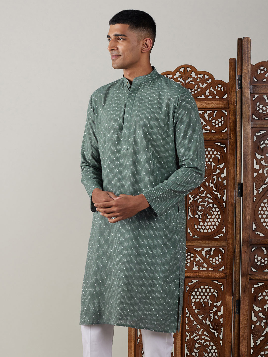 Men's Green Cotton Jacquard Kurta