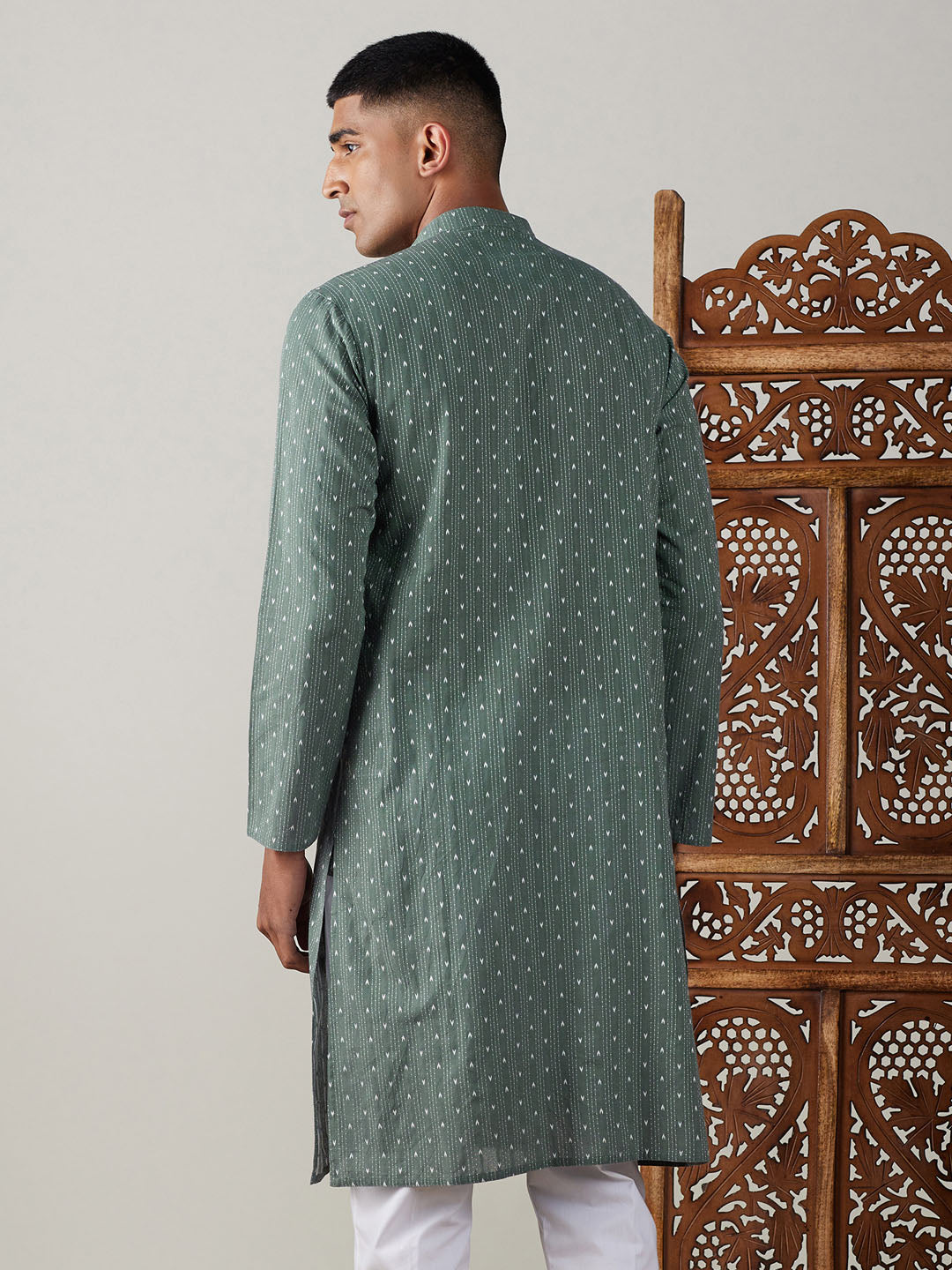 Men's Green Cotton Jacquard Kurta