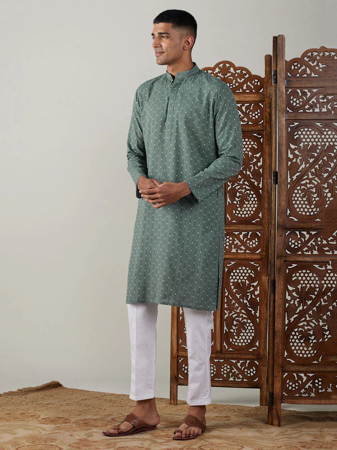 Men's Green Cotton Jacquard Kurta With White Pant Set