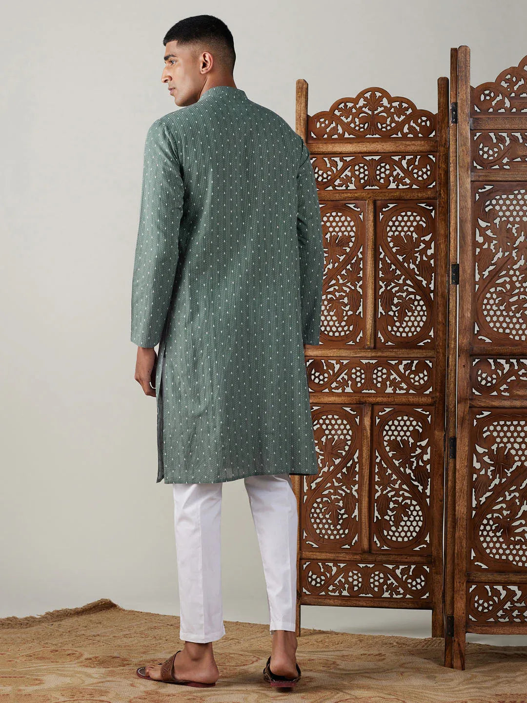 Men's Green Cotton Jacquard Kurta With White Pant Set