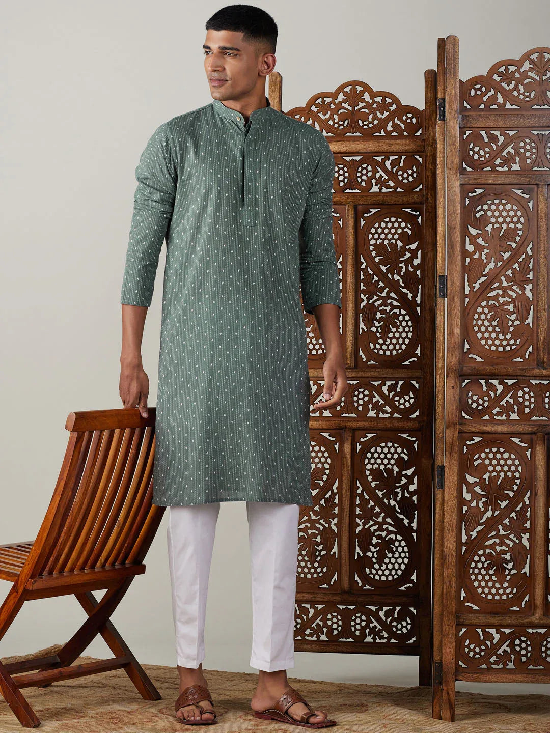 Men's Green Cotton Jacquard Kurta With White Pant Set