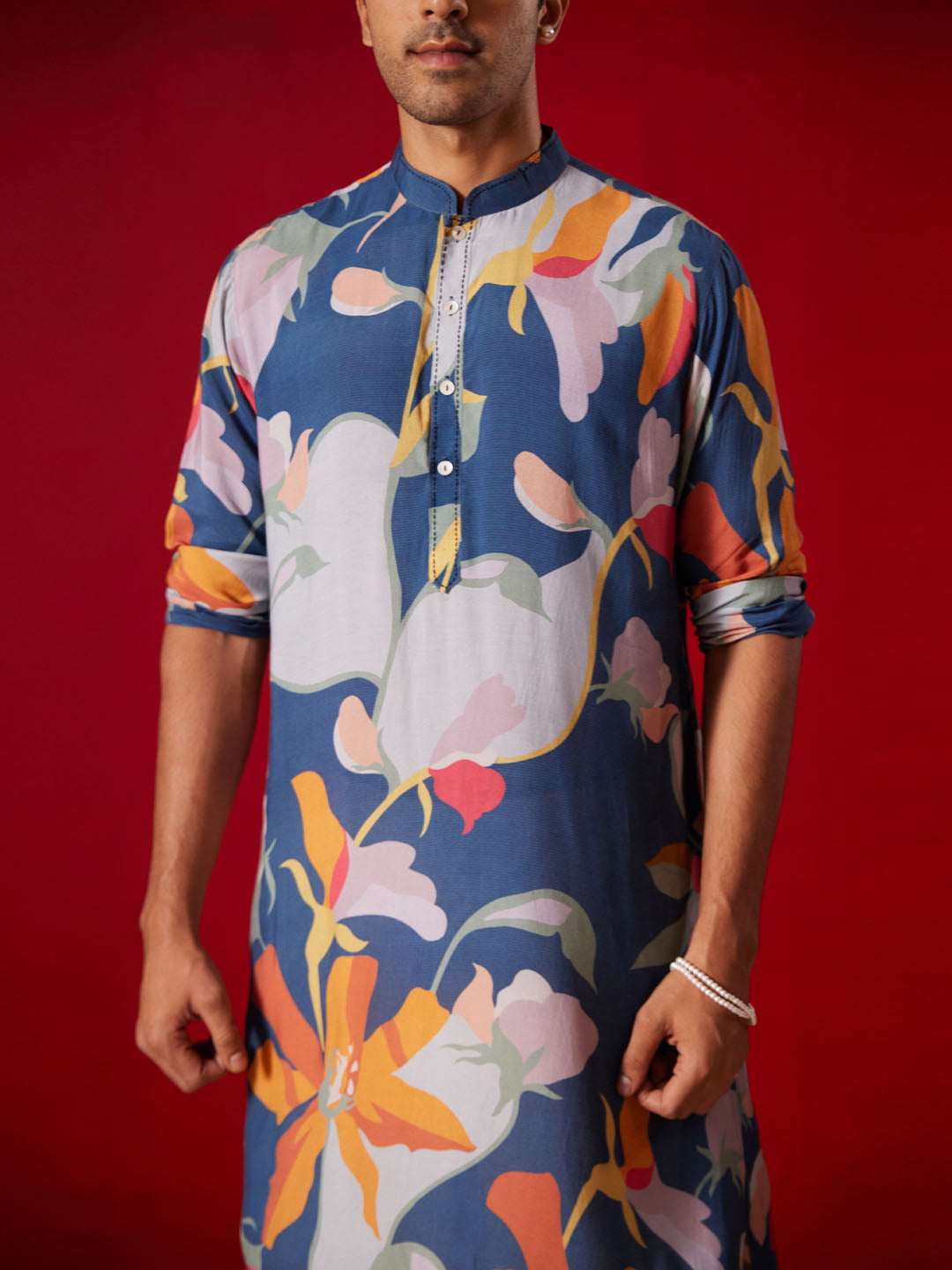 Men's Multicolor Base Blue Cotton Printed Kurta