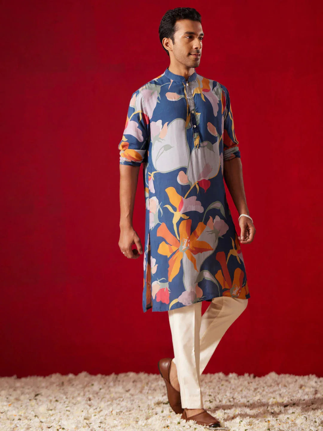 Men's Multicolor Base Blue Cotton Printed Kurta Pant Set