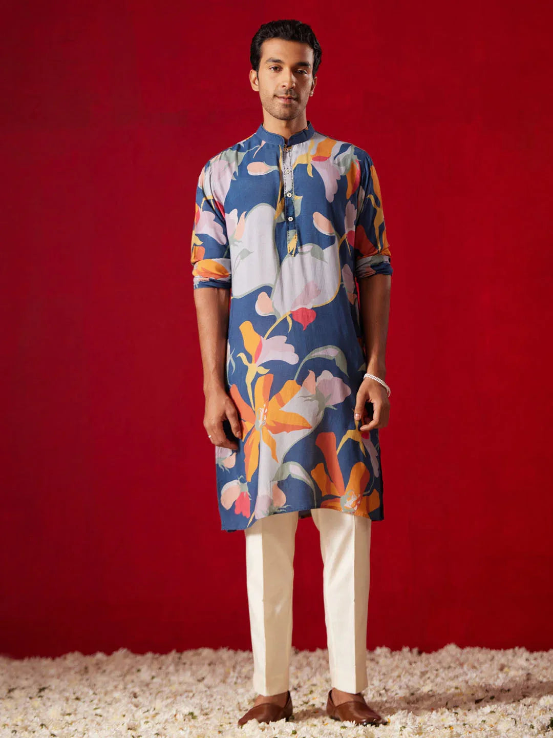 Men's Multicolor Base Blue Cotton Printed Kurta Pant Set