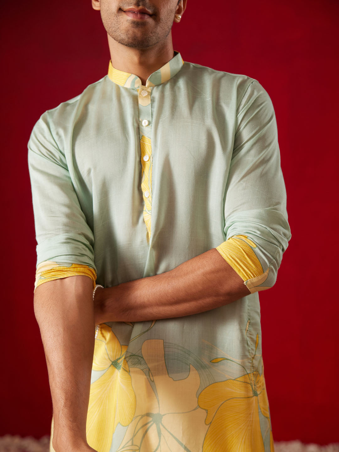 Men's Multicolor Base Yellow Cotton Printed Kurta Pant Set