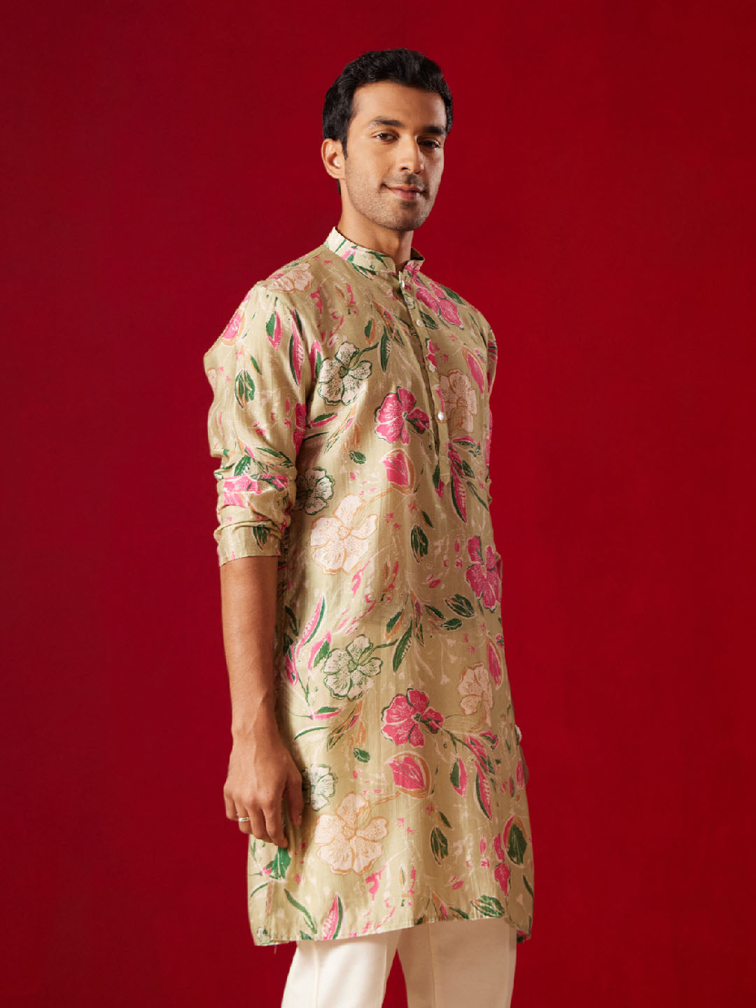 Men's Multicolor Base Beige Cotton Printed Kurta
