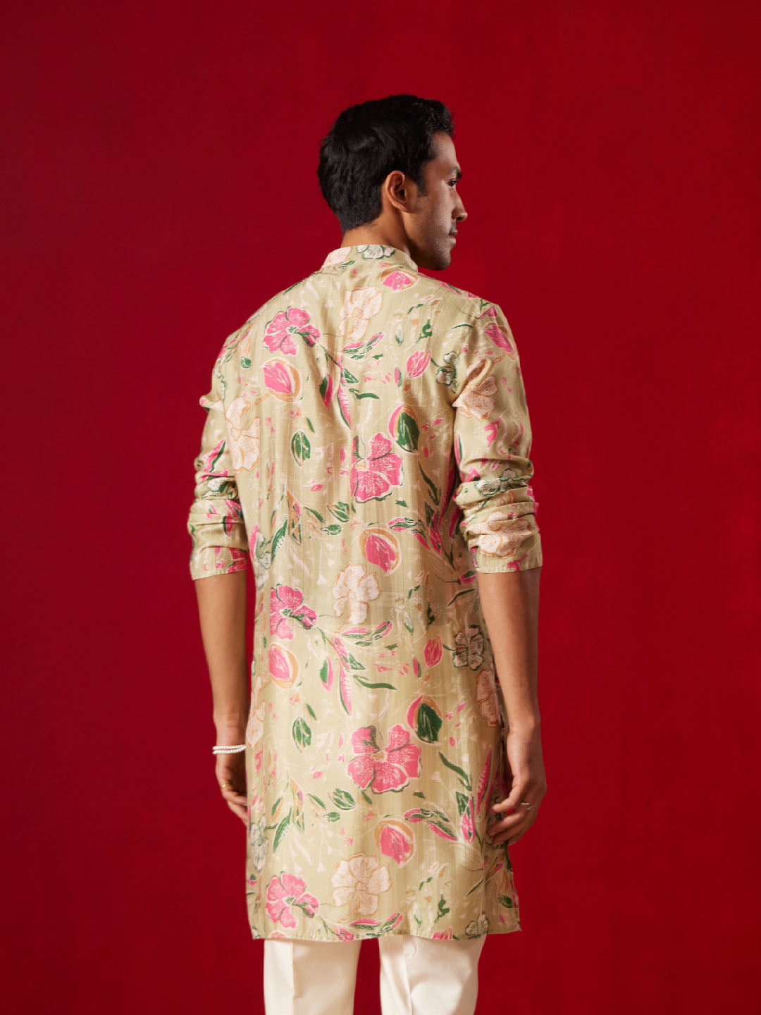 Men's Multicolor Base Beige Cotton Printed Kurta
