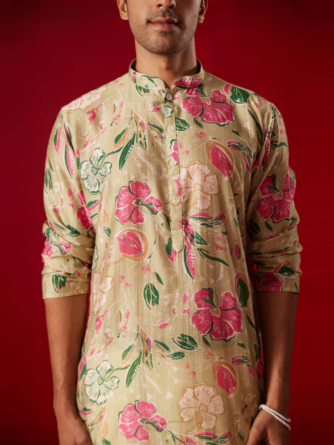 Men's Multicolor Base Beige Cotton Printed Kurta