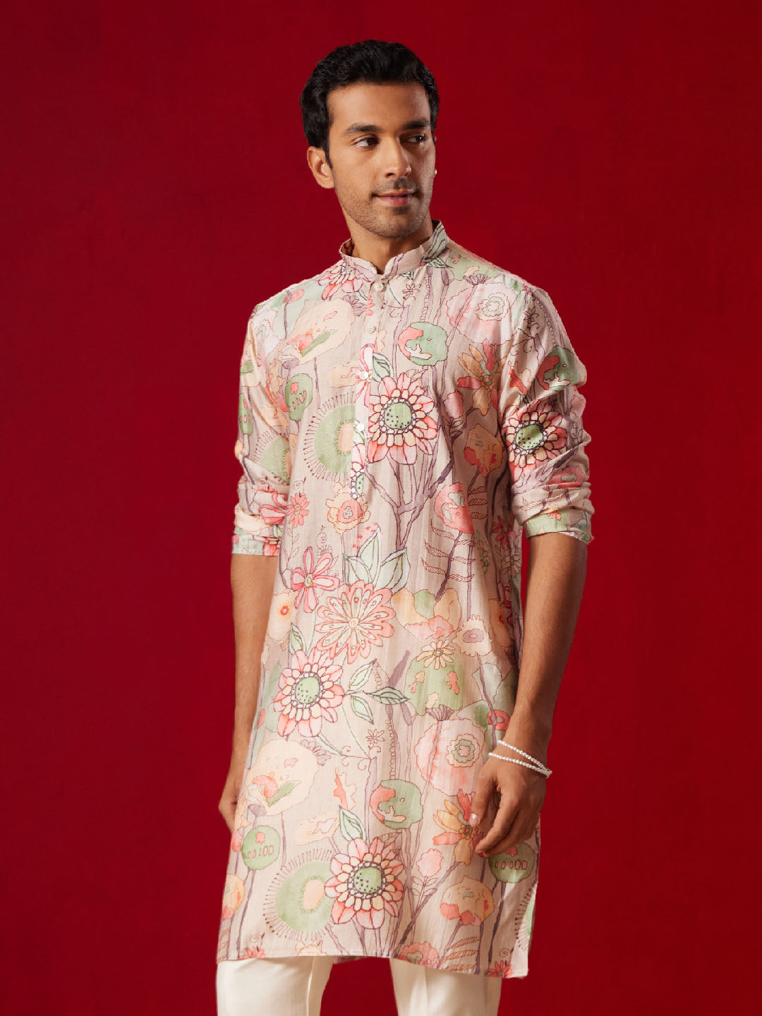 Men's Multicolor Base Peach Cotton Printed Kurta