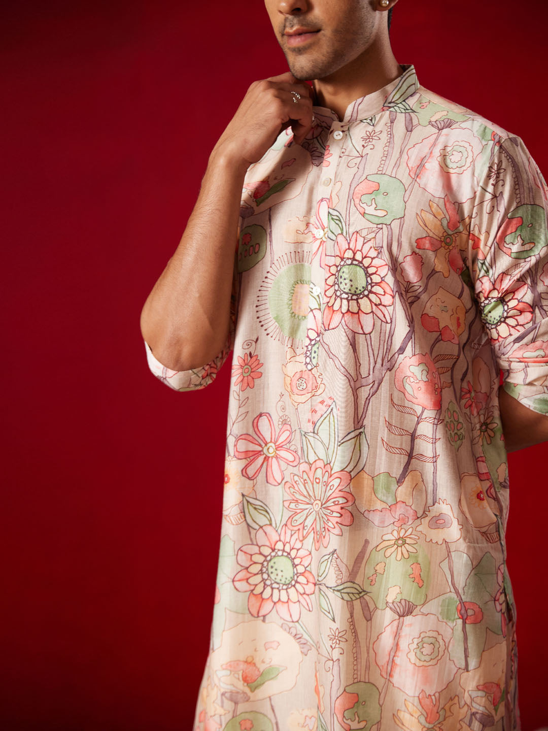 Men's Multicolor Base Peach Cotton Printed Kurta