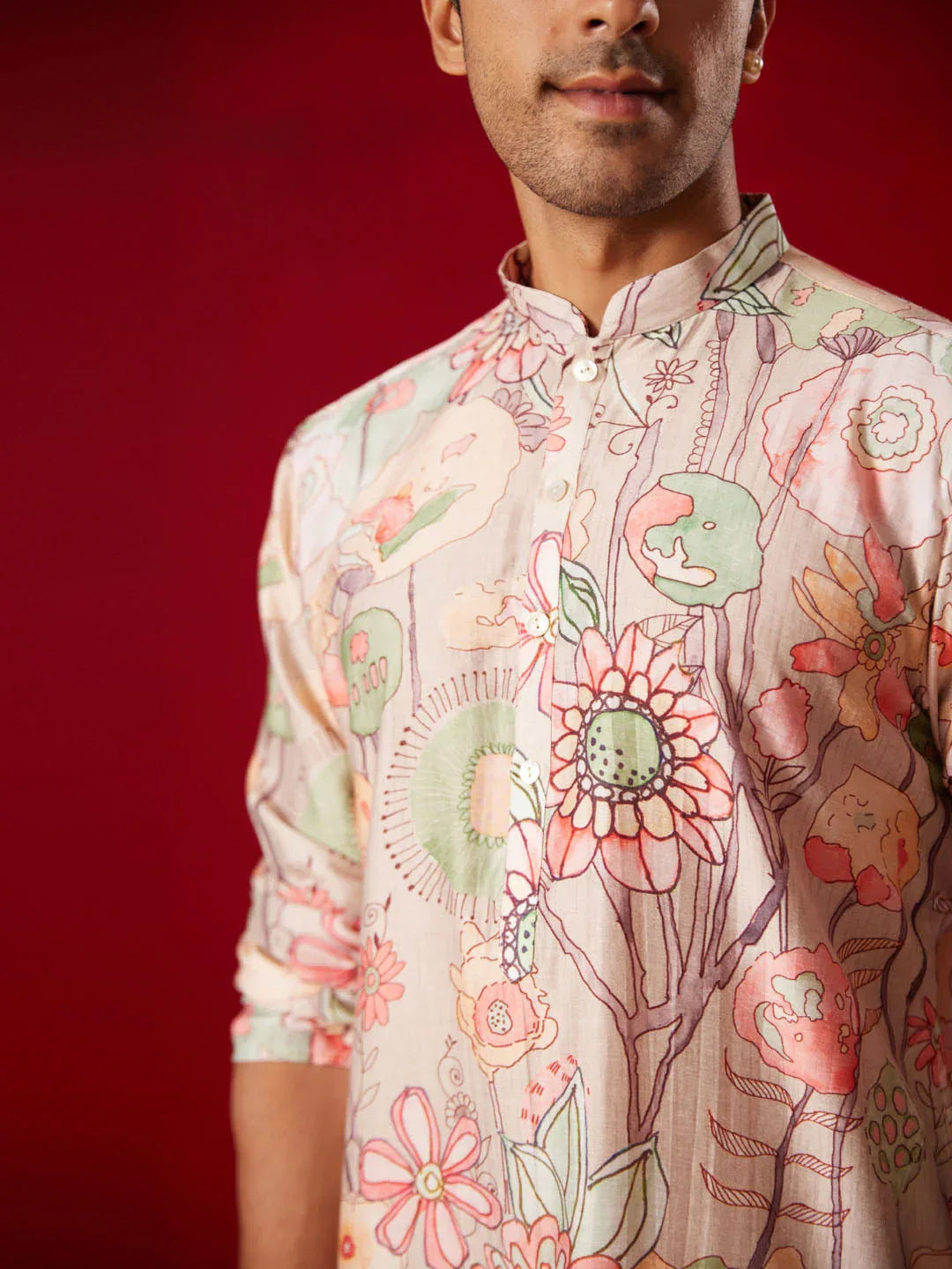 Men's Multicolor Base Peach Cotton Printed Kurta Pant Set