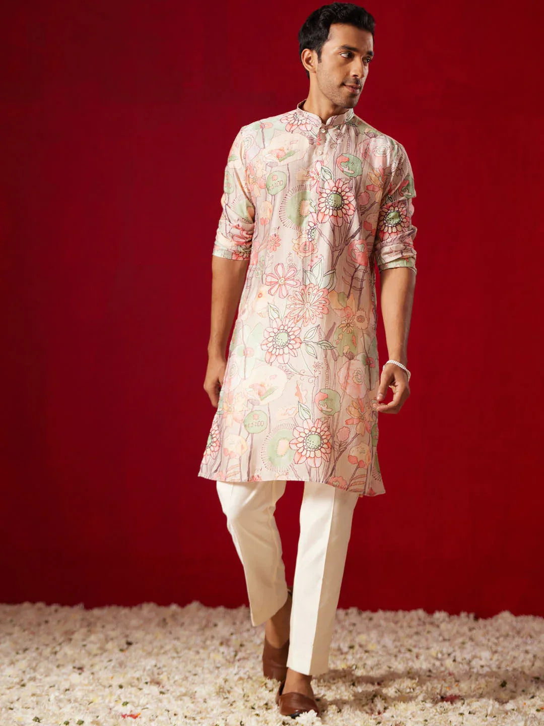 Men's Multicolor Base Peach Cotton Printed Kurta Pant Set