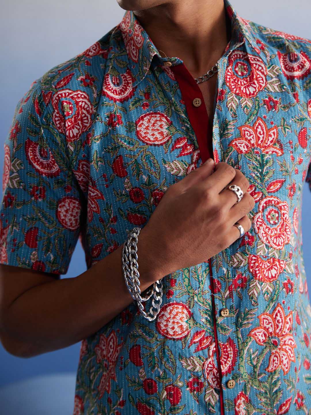Men's Aqua Kalamkari Cotton Shirt