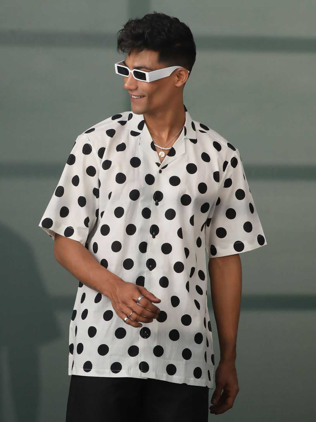 Men's White And Black Polka Dot Print Cotton Shirt