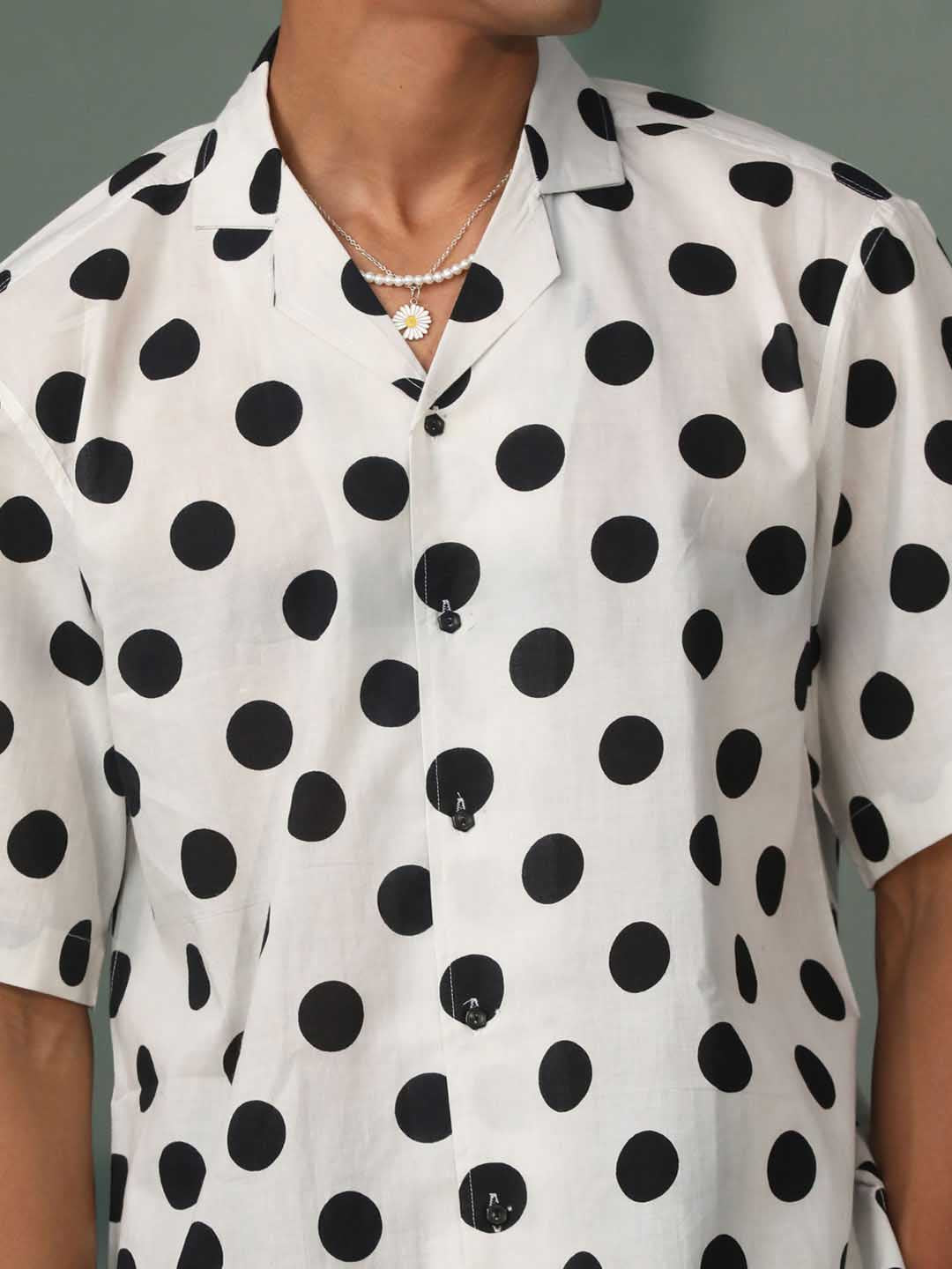 Men's White And Black Polka Dot Print Cotton Shirt