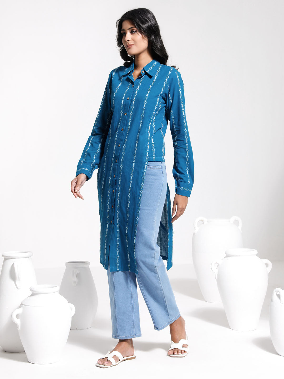 Women's Blue Jacquard Cotton Shirt Style Kurta