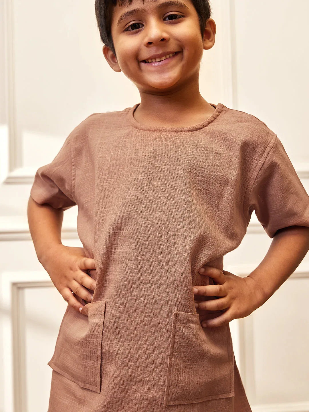 Boy's Rose Pink Solid Cotton Yoga Kurta Set With Trouser