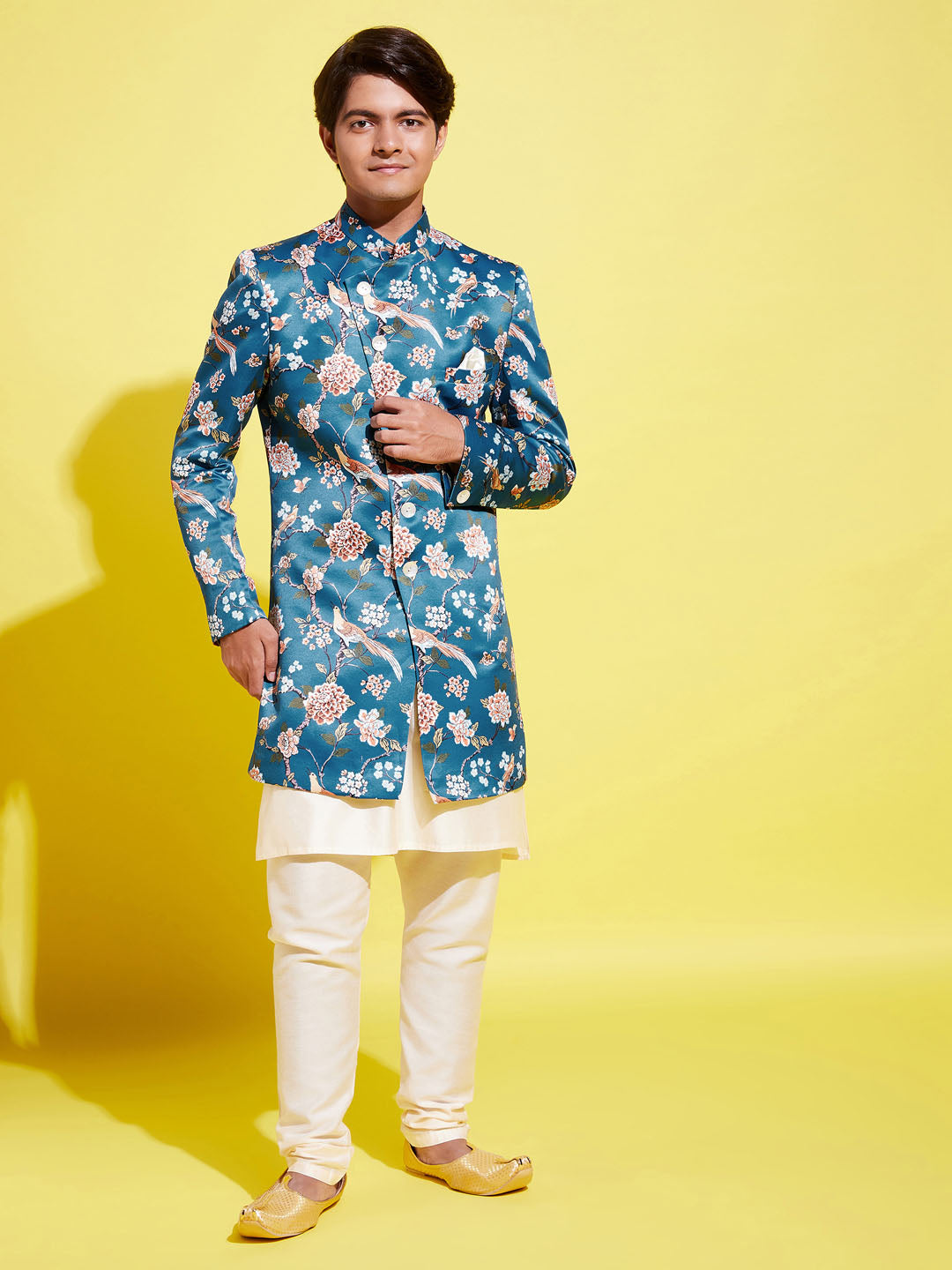 VASTRAMAY Boys' Multicolored-Base-Turquoise Indowestern Set - qivii